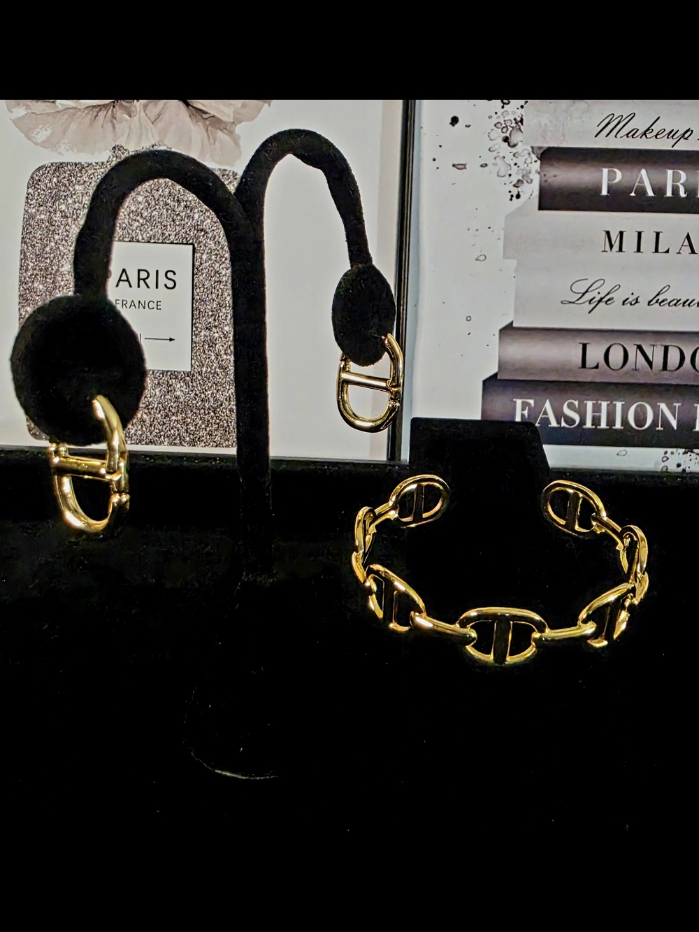 Gold Link Bracelet and Hoop Earring Set - Women Jewelry